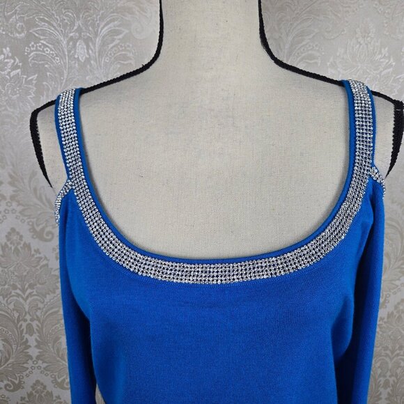 Belldini Size Large Cobalt/Royal Blue Cold Shoulder Knit with Rhinestone Accents - Picture 2 of 13